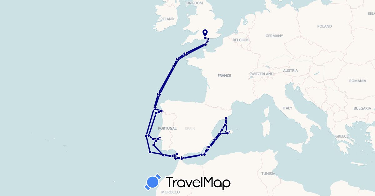 TravelMap itinerary: driving in Spain, United Kingdom, Gibraltar, Morocco, Portugal (Africa, Europe)